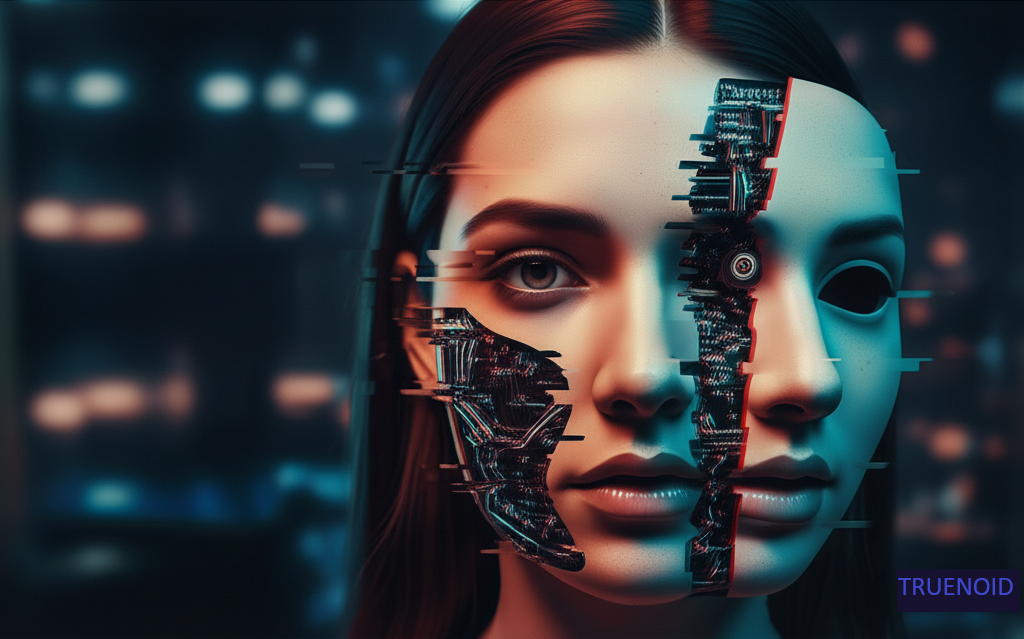 A stylized image representing Deepfake AI, showing a woman's face partially revealing intricate robotic circuitry underneath, against a blurred city background, symbolizing the blend of reality and artificiality.