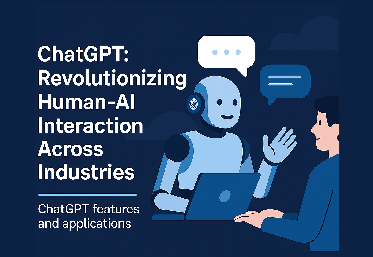 Illustration showing ChatGPT interacting with a human through a laptop, representing AI collaboration across industries